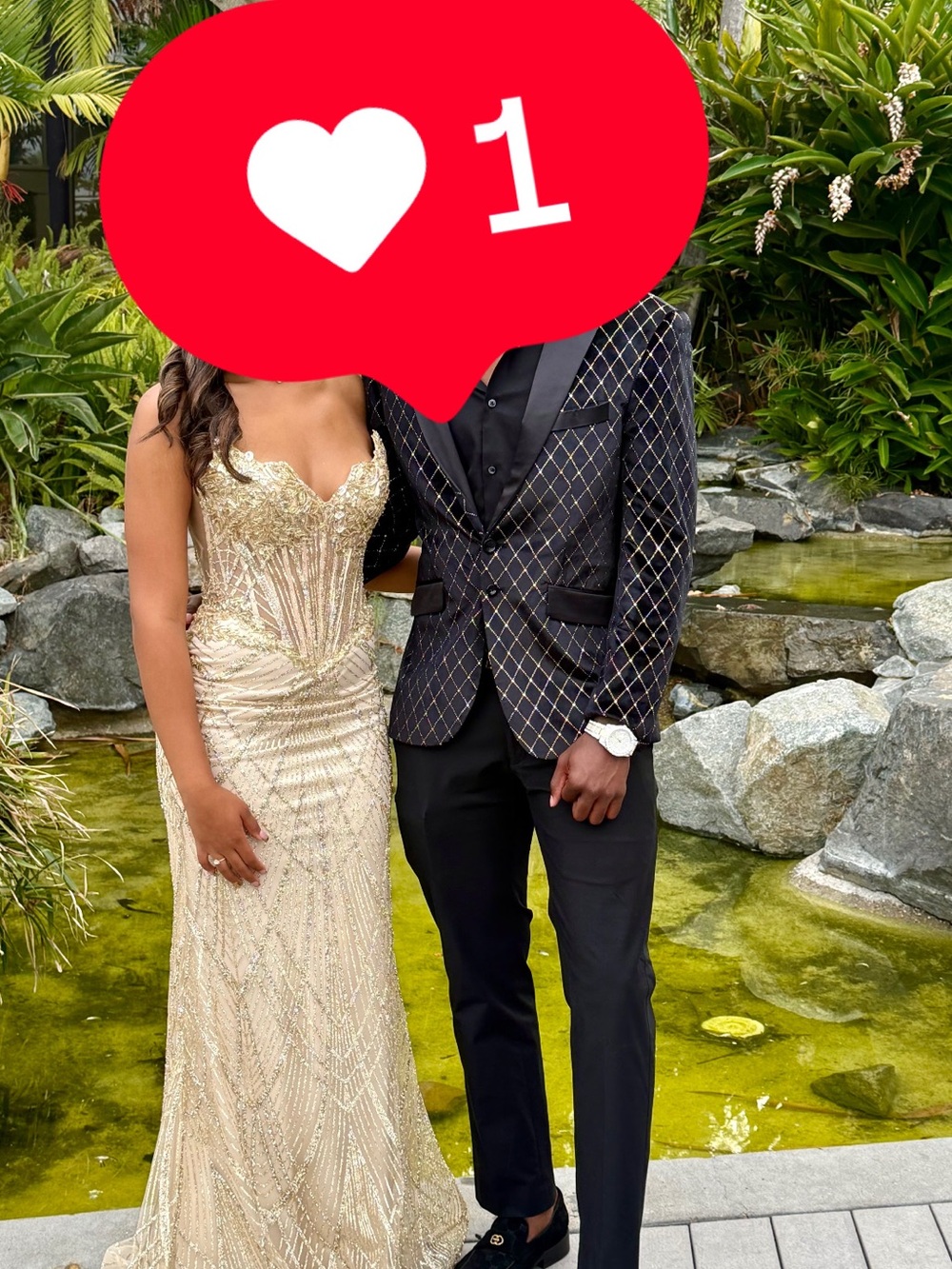 Gold sequin formal dress, strapless prom gown